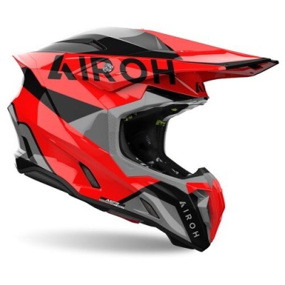 Capacete integral motocross vermelho, preto e cinza com texto AIROH