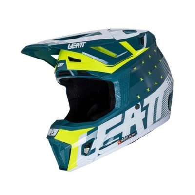Capacete integral azul, amarelo e branco com texto LEATT