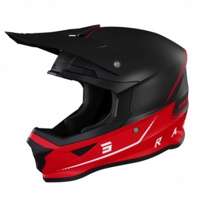 Capacete integral preto com detalhes vermelhos e brancos e viseira