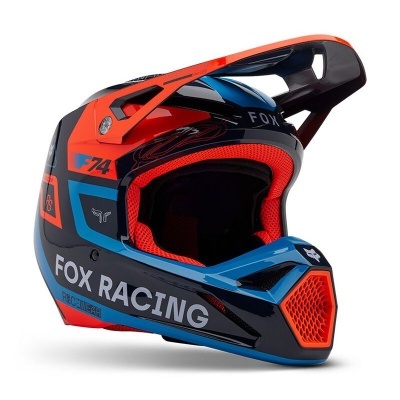 Capacete integral Fox Racing azul, vermelho e preto com texto e design ventilado