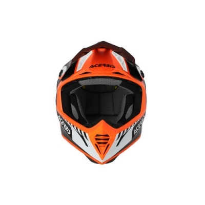Capacete de motocross laranja, branco e preto com texto Acerbis