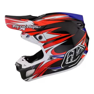 Capacete integral de motocross com design vermelho, preto, branco e azul