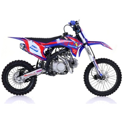 Moto de motocross azul, vermelho e branco com pneus para off-road