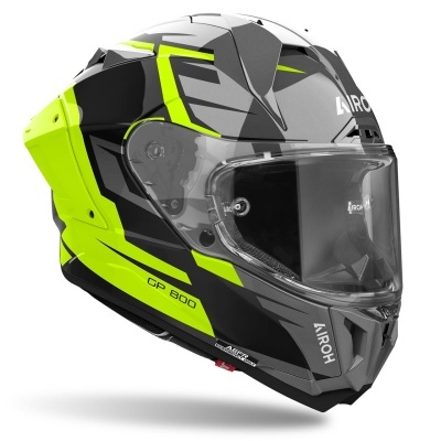 Capacete de moto integral Airoh CP 800 preto, cinza e amarelo fluorescente com viseira transparente