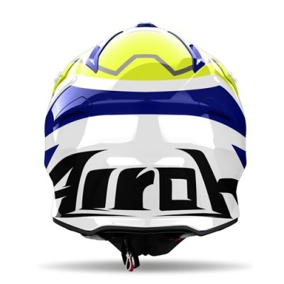 Capacete de motocross branco, azul e amarelo fluorescente com texto 'Airoh'