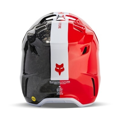 Capacete de motociclismo preto, branco e vermelho com logo de raposa e certificação DOT