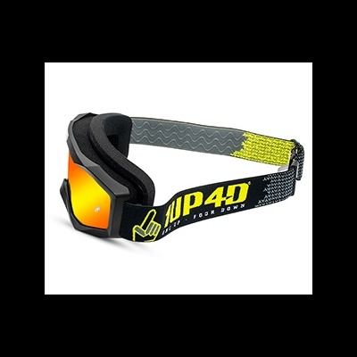 Óculos de proteção com lente espelhada laranja e banda elástica preta com texto amarelo