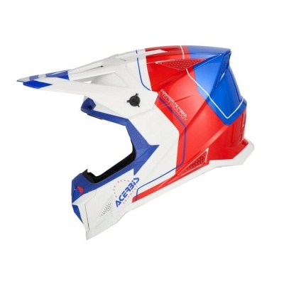 Capacete de motocross vermelho, azul e branco com viseira longa e texto nas laterais