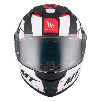 Capacete integral preto, branco e vermelho com viseira transparente e texto MT-HELMETS