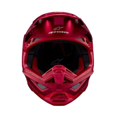Capacete de motocross vermelho metálico com ventilação e logótipo Alpinestars