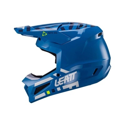 Capacete integral azul com texto LEATT