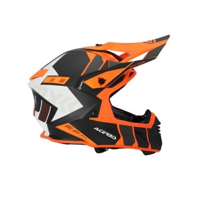 Capacete para motocross laranja, preto e branco com texto 'Acerbis'