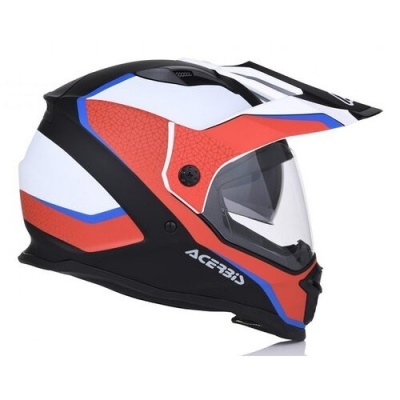 Capacete integral branco, vermelho, azul e preto para motociclismo com viseira