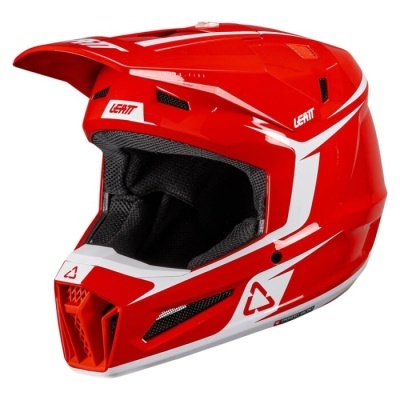 Capacete integral vermelho com detalhes brancos e pretos, interior acolchoado negro