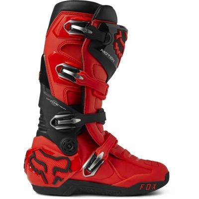 Bota de motocross vermelha e preta com presilhas metálicas e logótipos FOX e MOTION