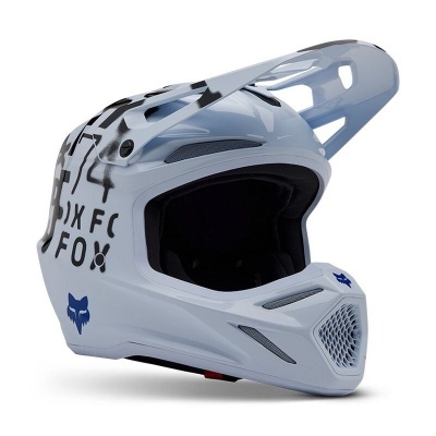 Capacete integral branco para motocross com logotipo Fox azul e detalhes gráficos em preto