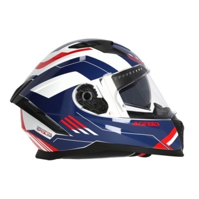 Capacete integral azul, branco, vermelho e preto com visor transparente e marca ACERBIS