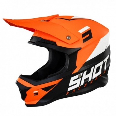 Capacete motociclismo integral laranja, branco e preto com design SHOT Race Gear