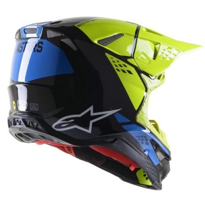 Capacete motocross azul, verde fluorescente, preto com logo Alpinestars