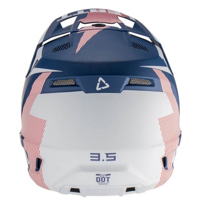 Capacete desportivo azul, branco e vermelho com padrões e texto na parte traseira