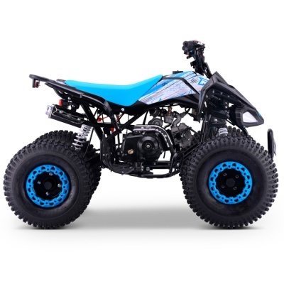 Quad ATV azul e preto com rodas grandes e pintura gráfica azul e branca