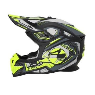 Capacete de motocross preto, cinzento e amarelo com logos ACERBIS