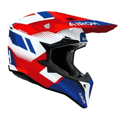 Capacete motocross azul, vermelho e branco com texto AIROH