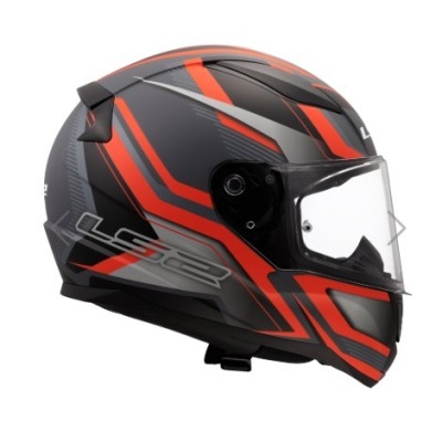 Capacete de mota integral preto e vermelho com viseira transparente e logótipo LS2