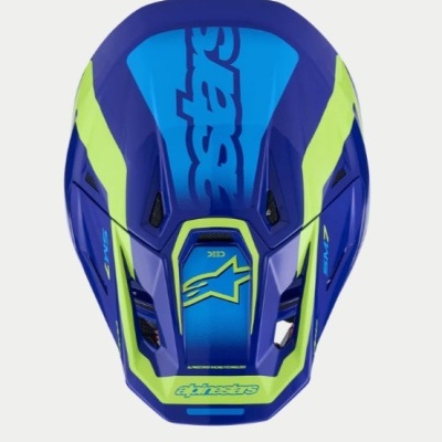 Capacete de motocross azul com detalhes verdes e texto alpinestars