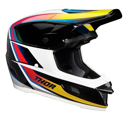 capacete integral motocross colorido preto branco vermelho azul amarelo com texto THOR