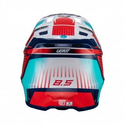 Capacete integral motocross com cores vermelho, branco, azul e verde e texto LEATT 8.5 DOT M