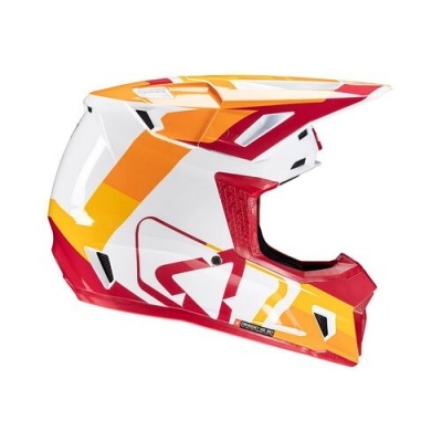 Capacete integral motocross com cores vermelho, laranja, amarelo e branco
