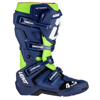 Bota de motocross azul e verde com fivelas e textos brancos