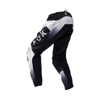 Calças motocross preto, branco e cinzento com texto FOX branco