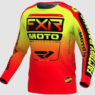 Camisola de motocross amarela e vermelha com texto FXR MOTO