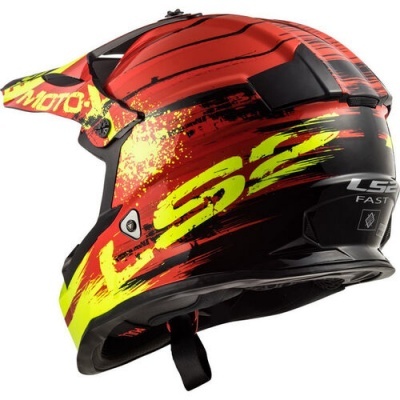 Capacete de motocross LS2 vermelho, amarelo e preto com texto LS2 e MOTO