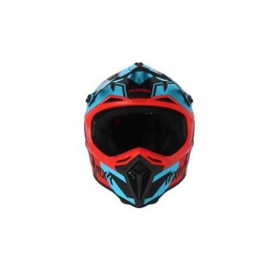 Capacete integral azul, vermelho e preto com grafismos