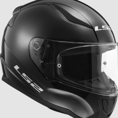Capacete integral LS2 preto com viseira transparente e detalhes em branco