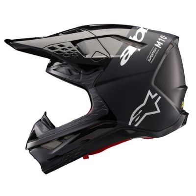 Capacete integral de motocross preto com detalhes cinza e branco e viseira proeminente