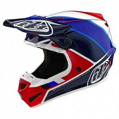 Capacete integral de motocross azul, vermelho, branco e preto com visor frontal
