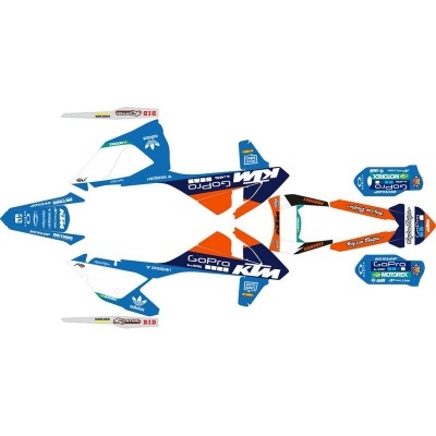 Autocolantes para motociclo em azul, branco e laranja com logótipos GoPro, KTM e Motorex