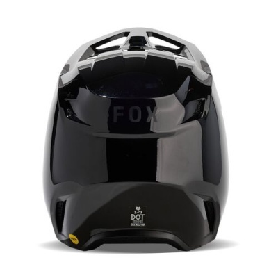 Capacete integral preto brilhante com ventilação e texto FOX e DOT na traseira