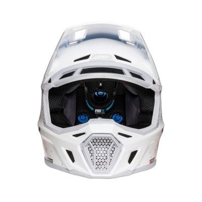 Capacete integral branco com ventilação e interior preto e azul