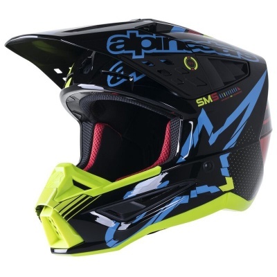 Capacete integral motocross preto com detalhes amarelo neon e azul