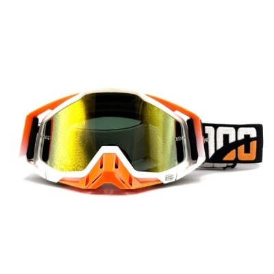 Óculos de proteção motocross laranja, branco e dourado com correia preta '100'