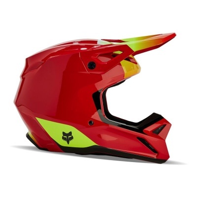 capacete motocross vermelho e amarelo com viseira e logótipo de raposa