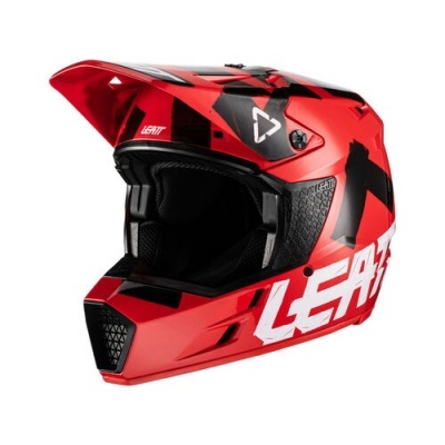 Capacete integral vermelho e preto com marca LEATT e visor ajustável