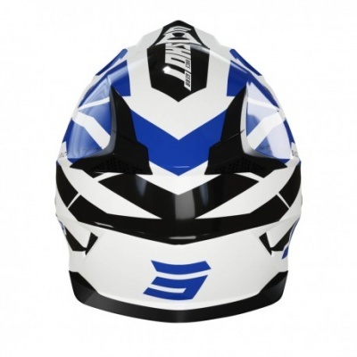 Capacete integral motocross branco, azul e preto com padrões geométricos e texto LETU