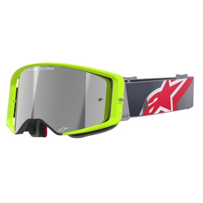 Óculos de protecção verdes com lente espelhada e correia cinzenta com design vermelho e branco