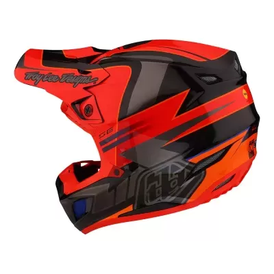 Capacete motocross laranja e preto com texto Troy Lee Designs